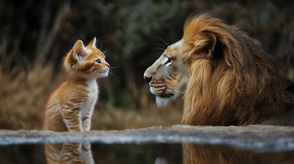 Lion and kitten facing each other in a natural setting