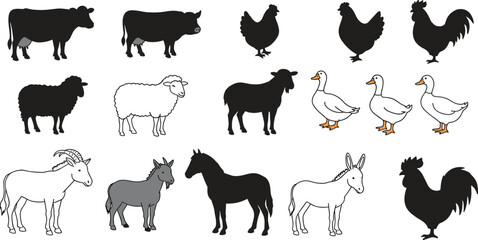 Farm animal silhouette and detailed vector set including cow, chicken, sheep, goat, horse, donkey, duck, rooster for agriculture design projects
