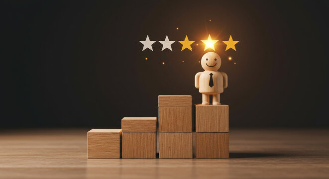 Wooden figure celebrates top rating with glowing stars, symbolizing excellent service and customer satisfaction achievements