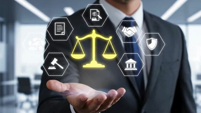Businessman presenting glowing justice scale and law icons, representing legal compliance, business law, security, partnership and digital legal technology in office environment