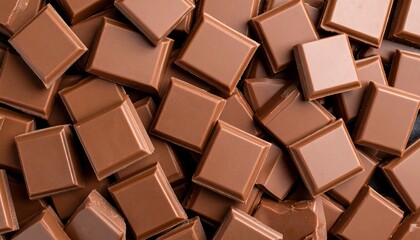 Fototapeta premium Milk chocolate chunks background, top view of many chocolate blocks