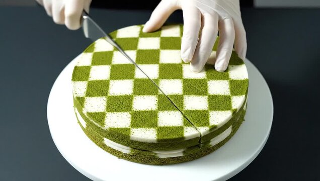 slicing geometrically perfect matcha checkerboard cake