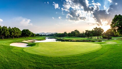 Obraz premium Panoramic view of golf course, golf field with a rich green turf beautiful scenery