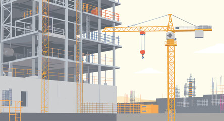 Modern construction site with crane building urban high rise, perfect for architecture firms or real estate developments, new buildings
