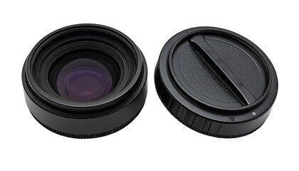 Two camera lenses, side-by-side, black, close-up