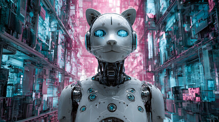 Close-up of a futuristic robotic cat with glowing blue eyes, standing in a neon cyberpunk city. Concept of AI, robotics, and anthropomorphic android animals