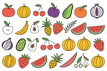 Seamless set of fresh fruit and vegetable icons including apple, strawberry, orange, banana, watermelon, and pineapple