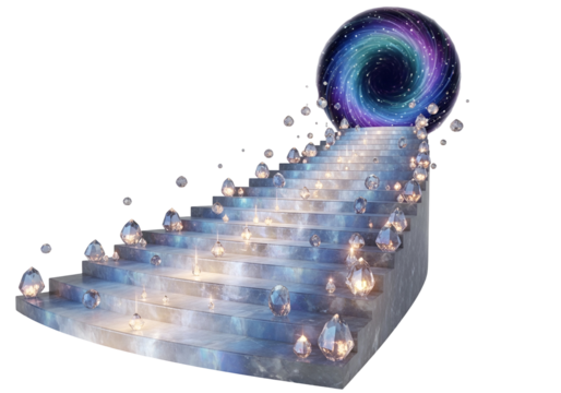 A spiraling stairway of light-blue stone, adorned with glittering diamonds, leads to a cosmic portal, evoking a sense of wonder and celestial aspiration.