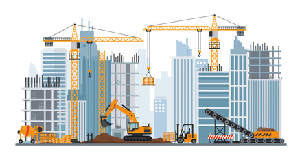 Vibrant construction site illustration with cranes, excavator, and buildings, ideal for city planning and urban development projects