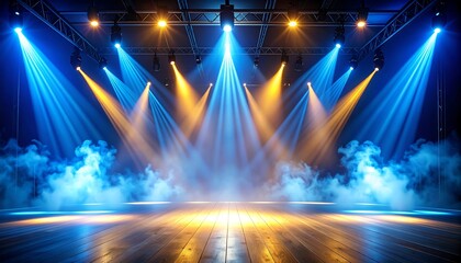 An empty stage club with blue and yellow bright stage lights and lights beams through a smokey atmosphere background