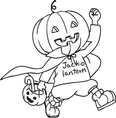 元気よく歩くジャックオランタンの子供_線画