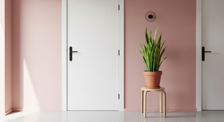 Modern interior design with white doors and potted snake plant