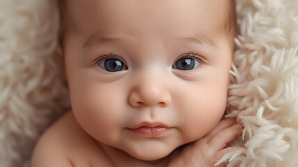 Serene Baby: A close-up shot of a sweet baby gazes directly at the camera, enveloped in soft textures, eyes brimming with innocence and tenderness.