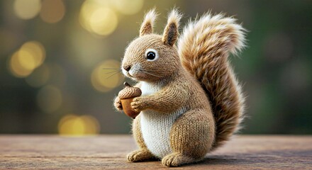  A fluffy knitted squirrel holding a little acorn