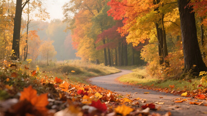 Naklejka premium A winding path through a forest in autumn with colorful leaves on the trees and ground on a misty day