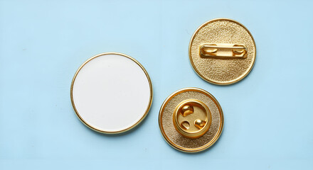 A top-down view of blank circular golden lapel pins on a light blue background.