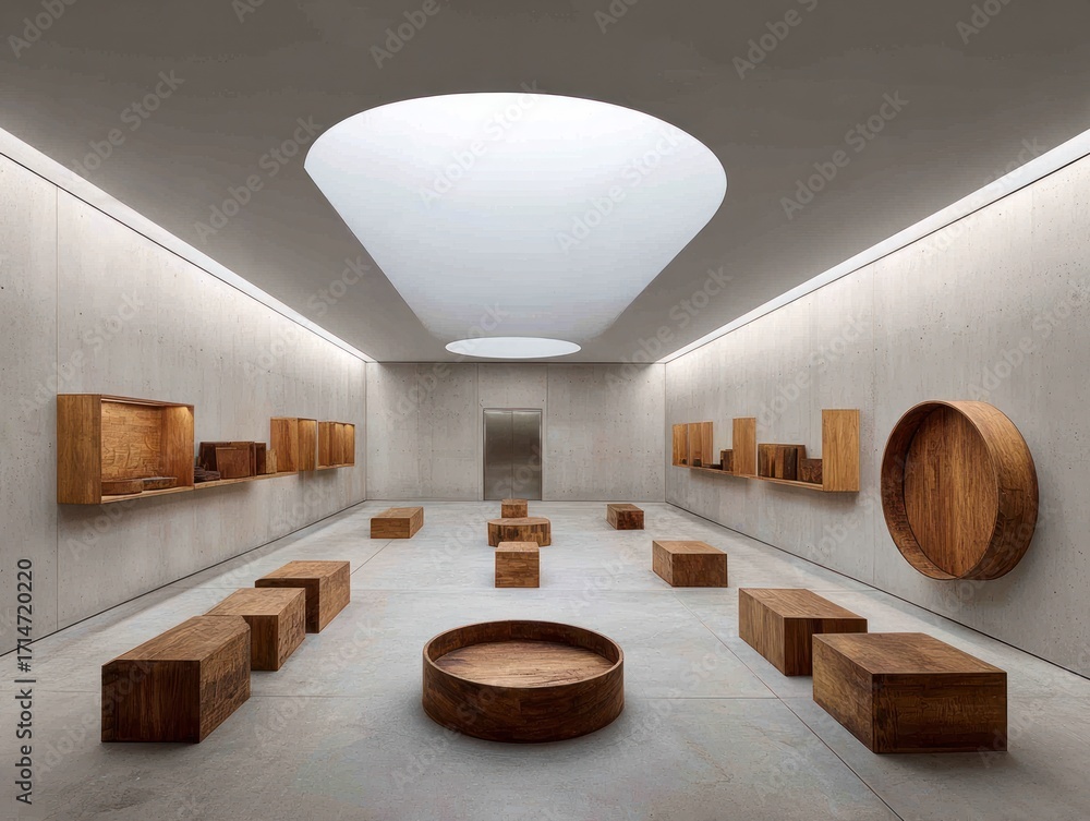 Poster a serene gallery featuring various wooden pieces arranged neatly under a skylight, creating a calm a