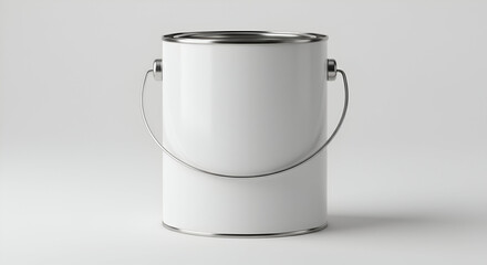 A blank white paint can with a metal handle, ideal for branding mockups.