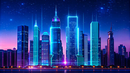 Obraz premium Futuristic cityscape at night with vibrant glowing neon lights reflecting off the water