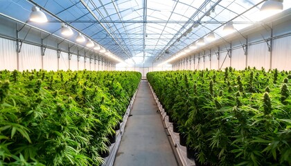 Commercial cannabis grow in greenhpuse, rows of plants