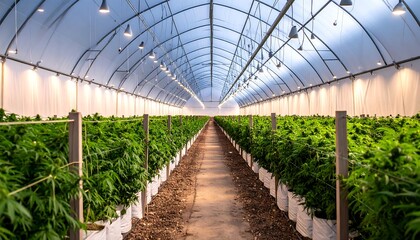 Commercial cannabis grow in greenhpuse, rows of plants