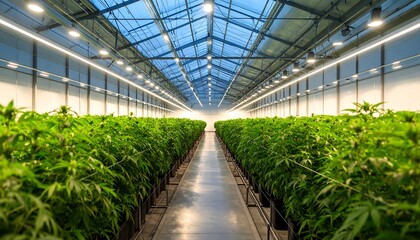 Commercial cannabis grow in greenhpuse, rows of plants