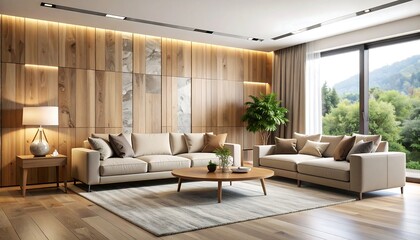 Contemporary style interior with sofas, decorations, and a wall panel made of wood and stone, mockup for an illustration
