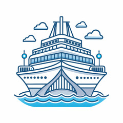 Blue Outline Nautical Ship Icon with Waves