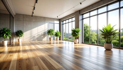 Empty room of modern contemporary loft with plants on wooden floor