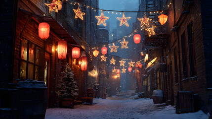 Snowy alley decorated with glowing star lights and red lanterns, festive Christmas and New Year holiday street celebration at night
