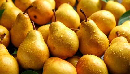 Fresh ripe pears with water drops background, fruits backdrop