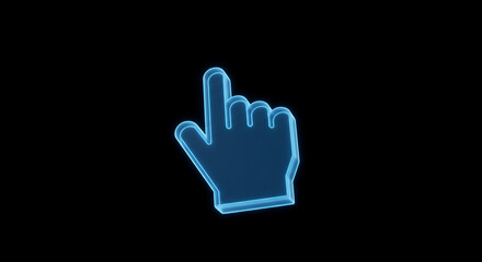 A glowing blue digital hand cursor pointing against a dark background.
