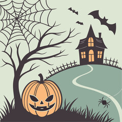 Vector illustration of a Halloween night scene featuring haunted house, jack-o’-lantern pumpkin, bats, spider, tree, and spiderweb. Perfect for spooky holiday, seasonal, and festive design projects.