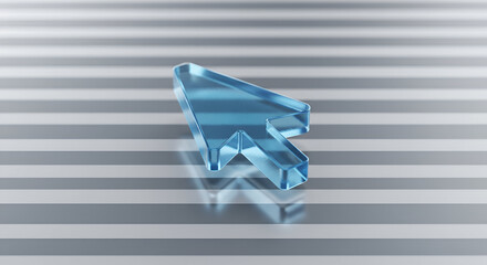 A shimmering blue glass mouse cursor positioned on a reflective striped surface, symbolizing digital interaction.