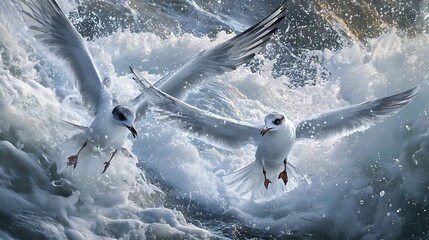 Two seagulls flying gracefully through stormy ocean waves
