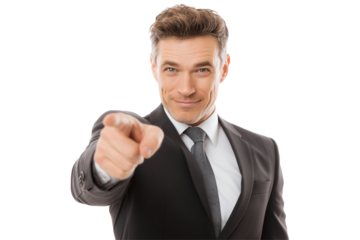 Confident businessman in suit pointing finger forward with a smile isolated on a transparent background