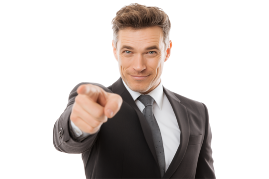 Confident businessman in suit pointing finger forward with a smile isolated on a transparent background