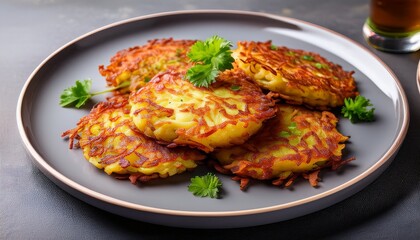 Fototapeta premium Delicious Golden Brown Potato Latkes Served On A Gray Plate Perfect As A Snack Or Side Dish For Any Meal