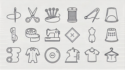Set of sewing and tailoring icons isolated on white background for creative projects and designs textile
