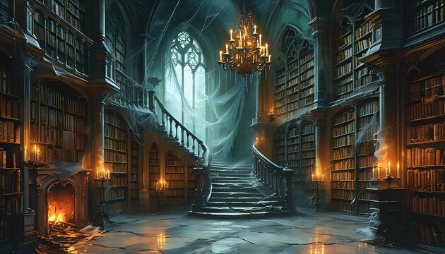 Enchanting ancient library with towering bookshelves illuminated by flickering candlelight and a grand staircase leading to a mystical glowing window