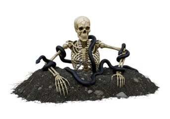 A skeletal figure rests within a mound of earth, encircled by a large, dark snake.