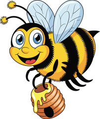 Cartoon bee with honey pot, smiling insect character, blue eyes, yellow stripes, vector illustration, kids coloring page, cheerful flying bug