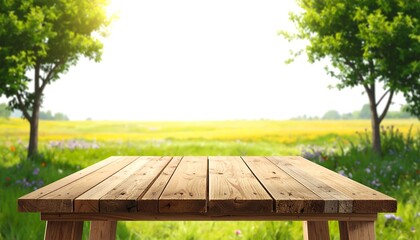 A wooden table sits atop a verdant field, bathed in the gentle sunlight of a spring day.