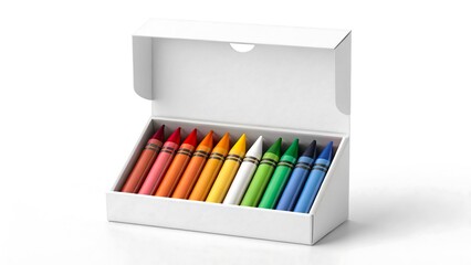 Obraz premium Set of colorful crayons in open box isolated on white background 