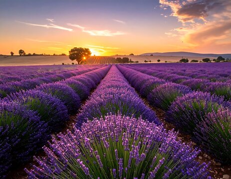 A vast field of vibrant purple lavender blooms stretches out under a beautiful sunrise, showcasing rows of flowers and a tranquil countryside landscape.