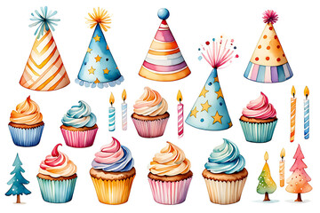 Colorful Watercolor Birthday Party Elements with Cupcakes Hats Candles and Christmas Trees Celebration Decoration