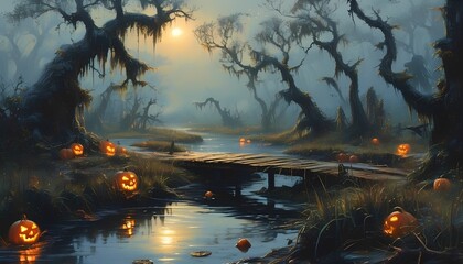 Naklejka premium Eerie swamp at dusk illuminated by glowing jack o lanterns lining a wooden bridge and winding path with gnarled trees draped in spanish moss creating a spooky halloween atmosphere