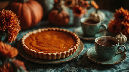 cozy autumn pumpkin pie with hot tea and pumpkins on rustic table setting, perfect for thanksgiving, seasonal menus, and festive advertising	