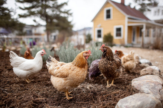 Chickens explore a garden while a cozy yellow house stands by, under a cloudy sky