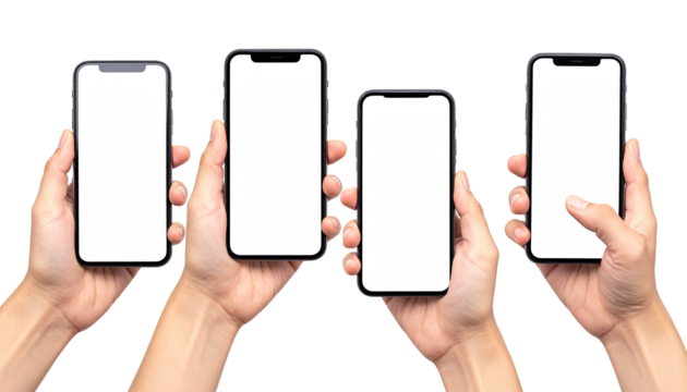 Four hands holding blank phones
